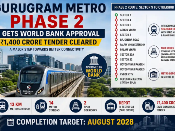 Gurugram Metro Phase 2 gets World Bank approval for ₹1,400 crore tender with 14 metro stations and August 2028 completion target