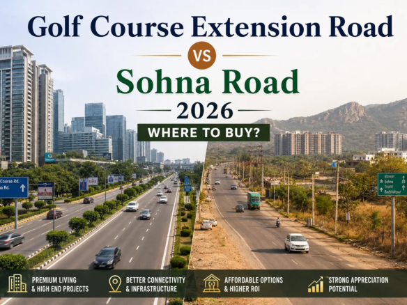 Golf Course Extension Road vs Sohna Road 2026 comparison showing premium high-rise developments on Golf Course Extension Road and affordable residential developments on Sohna Road in Gurgaon.