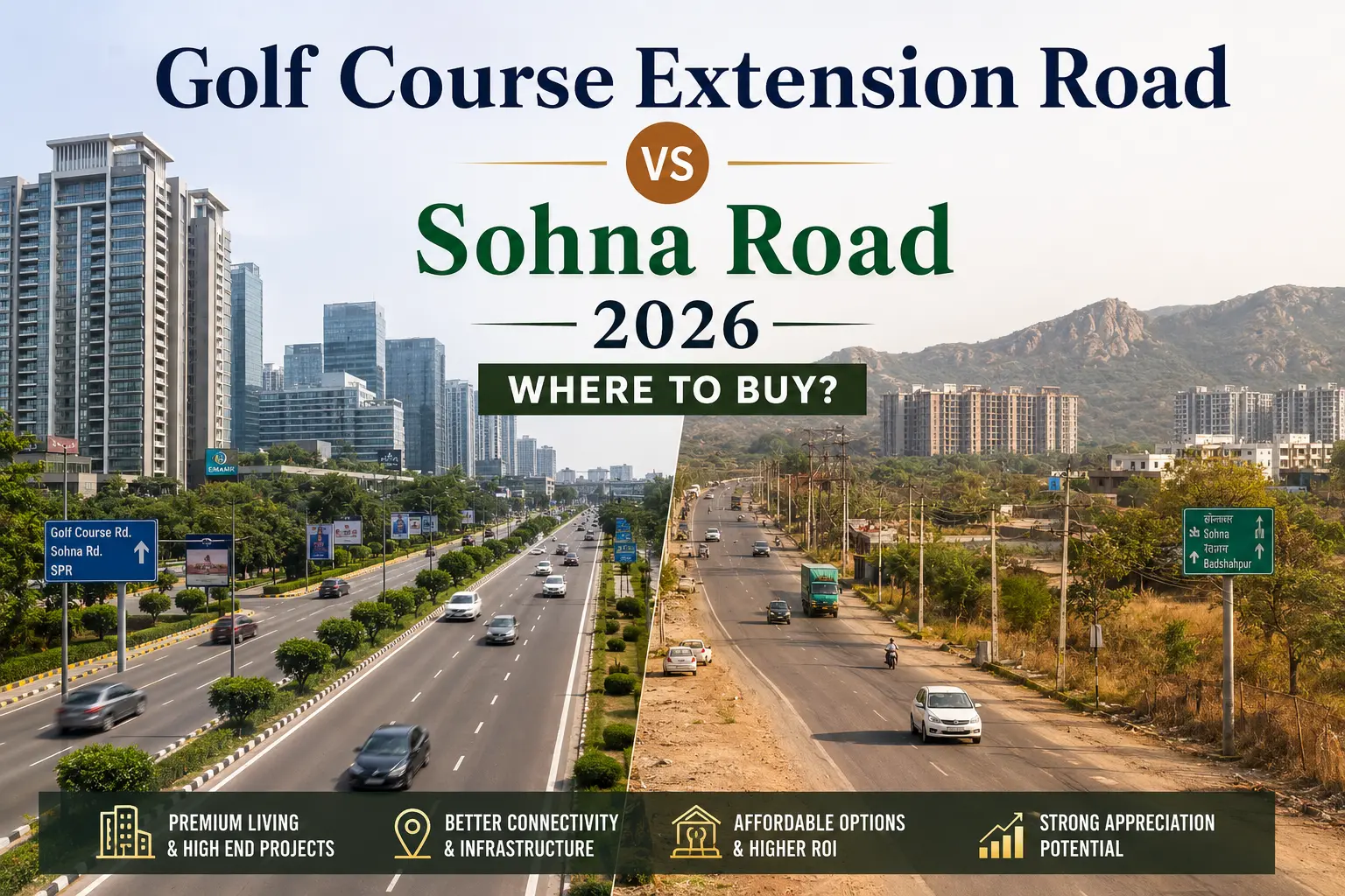 Golf Course Extension Road vs Sohna Road 2026 comparison showing premium high-rise developments on Golf Course Extension Road and affordable residential developments on Sohna Road in Gurgaon.