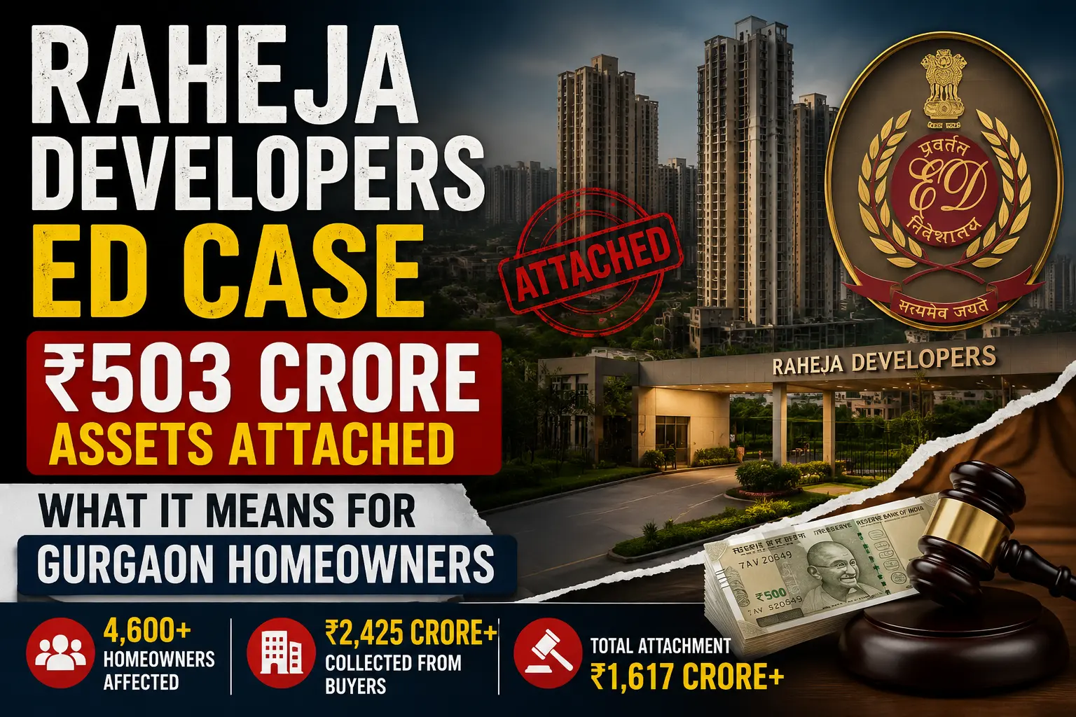 Raheja Developers ED case where ED attached ₹503 crore assets, highlighting the impact on Gurgaon homebuyers, Raheja Revanta buyers, and the Gurgaon real estate market.