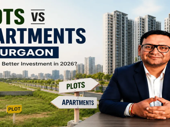 Plots vs Apartments in Gurgaon comparison featuring residential plots, apartment buildings, and Arvind Daggar discussing the best property investment options in Gurgaon for 2026.