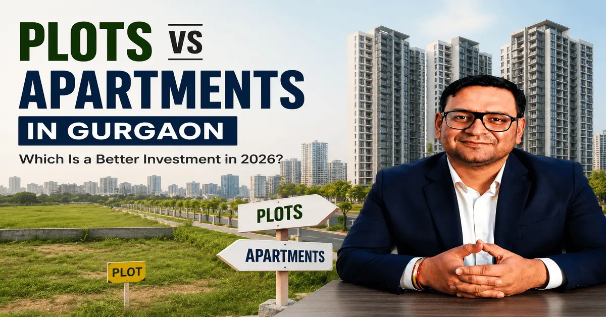 Plots vs Apartments in Gurgaon comparison featuring residential plots, apartment buildings, and Arvind Daggar discussing the best property investment options in Gurgaon for 2026.