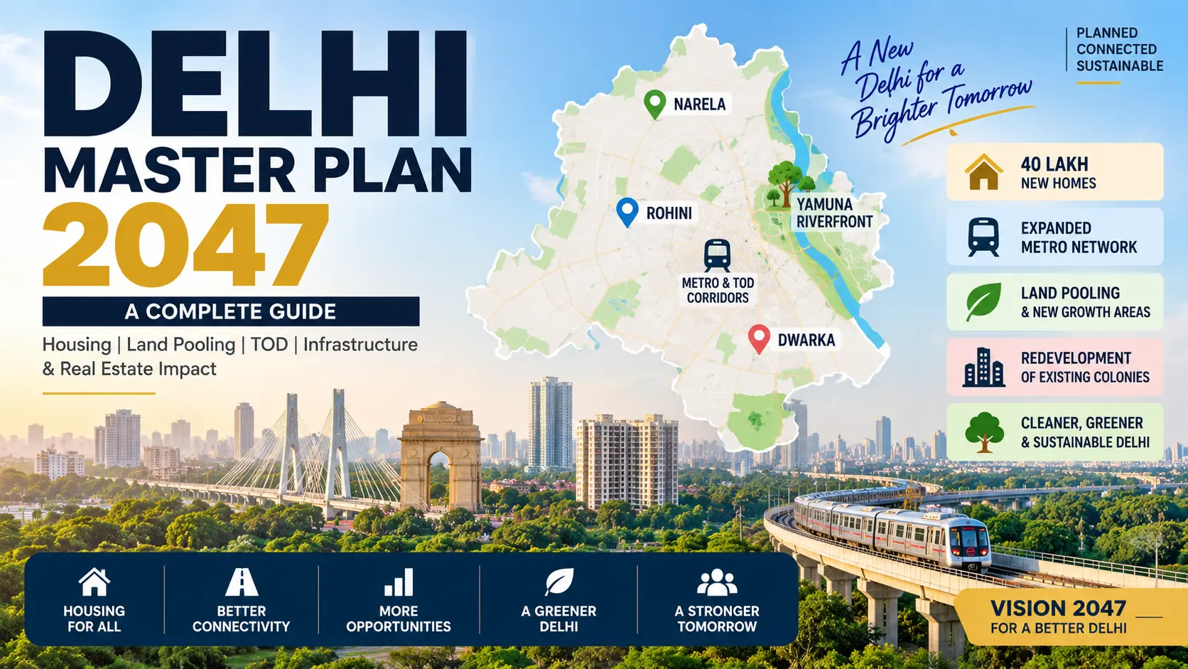 Delhi Master Plan 2047 showing housing, land pooling, TOD corridors, Narela, Dwarka, Metro expansion and real estate impact